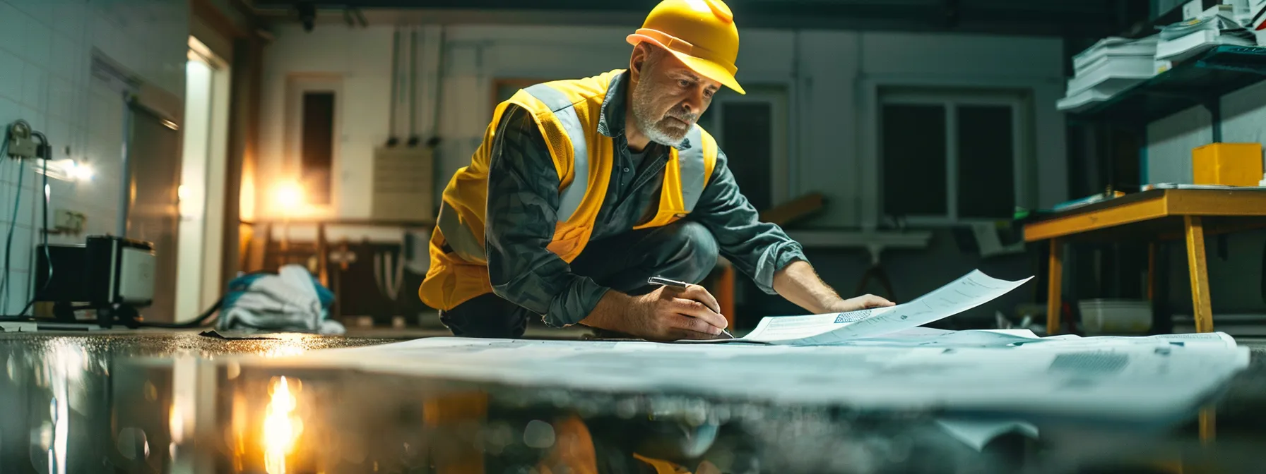 a professional contractor inspects a weathered asphalt driveway under bright fluorescent office lighting, weighing the decision between resurfacing and full replacement as technical diagrams and budgeting spreadsheets lay open on a nearby desk.