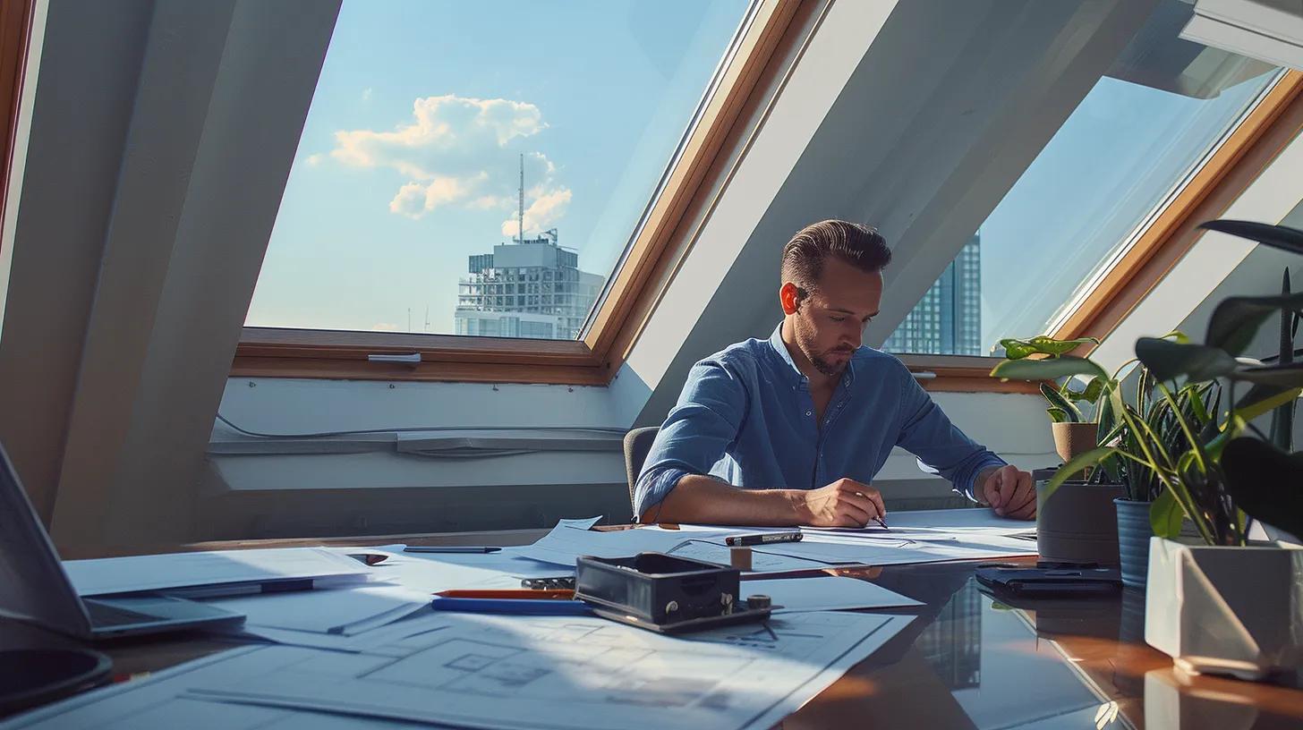 a professional contractor meticulously reviews detailed skylight installation estimates on a sleek modern desk, with blueprints and tools neatly arranged, highlighting the complexity of labor costs against a backdrop of urban architecture through a large office window.
