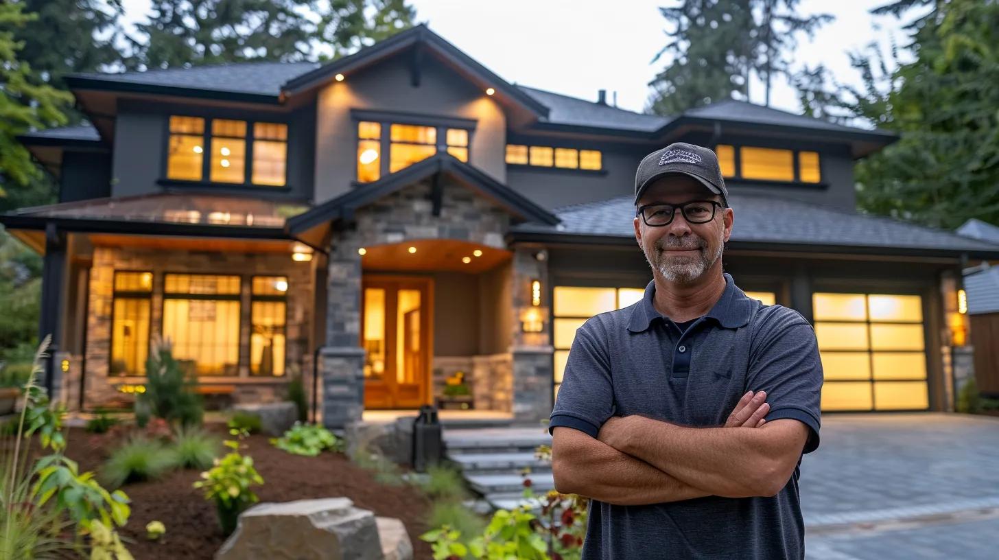 a professional contractor stands confidently in front of a beautifully renovated home, showcasing high-quality craftsmanship and the harmonious blend of design elements, under soft, natural lighting that enhances the vibrant colors and textures of the exterior. a professional contractor stands confidently in front of a beautifully renovated home, showcasing high-quality craftsmanship and the harmonious blend of design elements, under soft, natural lighting that enhances the vibrant colors and textures of the exterior.