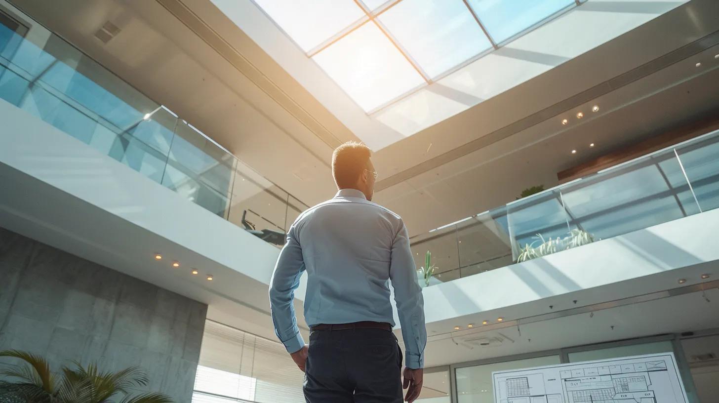 a professional contractor stands under a large, illuminated skylight in a modern office space, meticulously reviewing a detailed cost estimate for skylight replacement on a sleek digital tablet, with architectural plans spread out on a polished conference table.