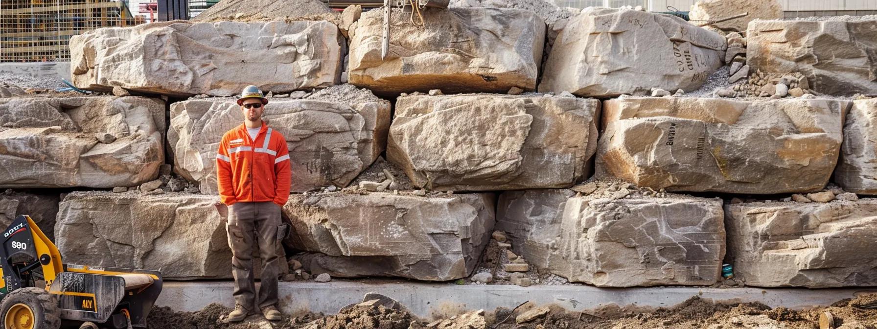 a professional contractor stands confidently beside a meticulously constructed boulder retaining wall in an urban construction site, surrounded by tools and equipment showcasing their expertise in landscaping and design.