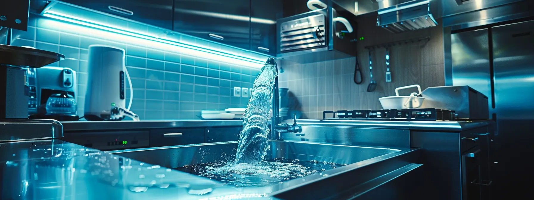 A professional drain unblocking technician is swiftly addressing a clogged drain in a modern kitchen, showcasing a glistening clean environment with sparkling water flow, illuminated by bright overhead lights to emphasise the efficiency and clarity of the service.