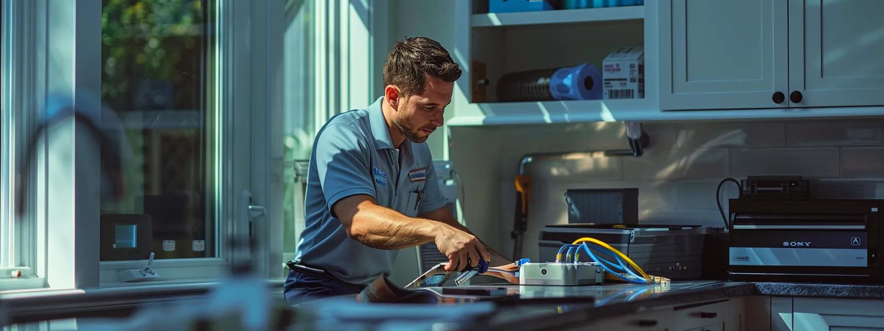 a professional electrician in a modern, well-lit cape cod home inspects a panel with intricate wiring and specialized tools, showcasing the expertise and craftsmanship involved in residential electrical work. a professional electrician in a modern, well-lit cape cod home inspects a panel with intricate wiring and specialized tools, showcasing the expertise and craftsmanship involved in residential electrical work.