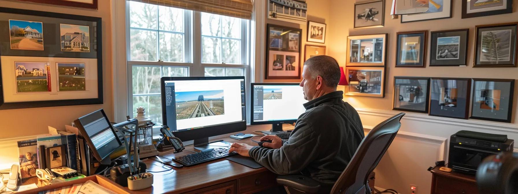 a professional electrician in a well-organized home office in cape cod reviews glowing client testimonials on a sleek computer screen, with a backdrop of framed photographs showcasing completed electrical projects, highlighting the importance of reputation and customer feedback in the hiring process. a professional electrician in a well-organized home office in cape cod reviews glowing client testimonials on a sleek computer screen, with a backdrop of framed photographs showcasing completed electrical projects, highlighting the importance of reputation and customer feedback in the hiring process.