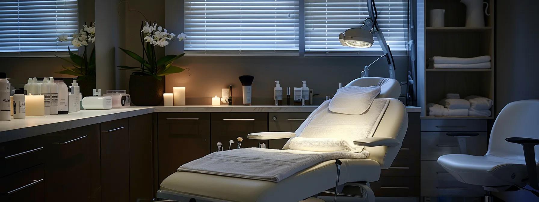a professional esthetics training room is illuminated by soft, focused lighting, featuring a serene waxing station with neatly arranged tools, emphasizing the importance of expertise and ongoing education in providing a comfortable client experience.