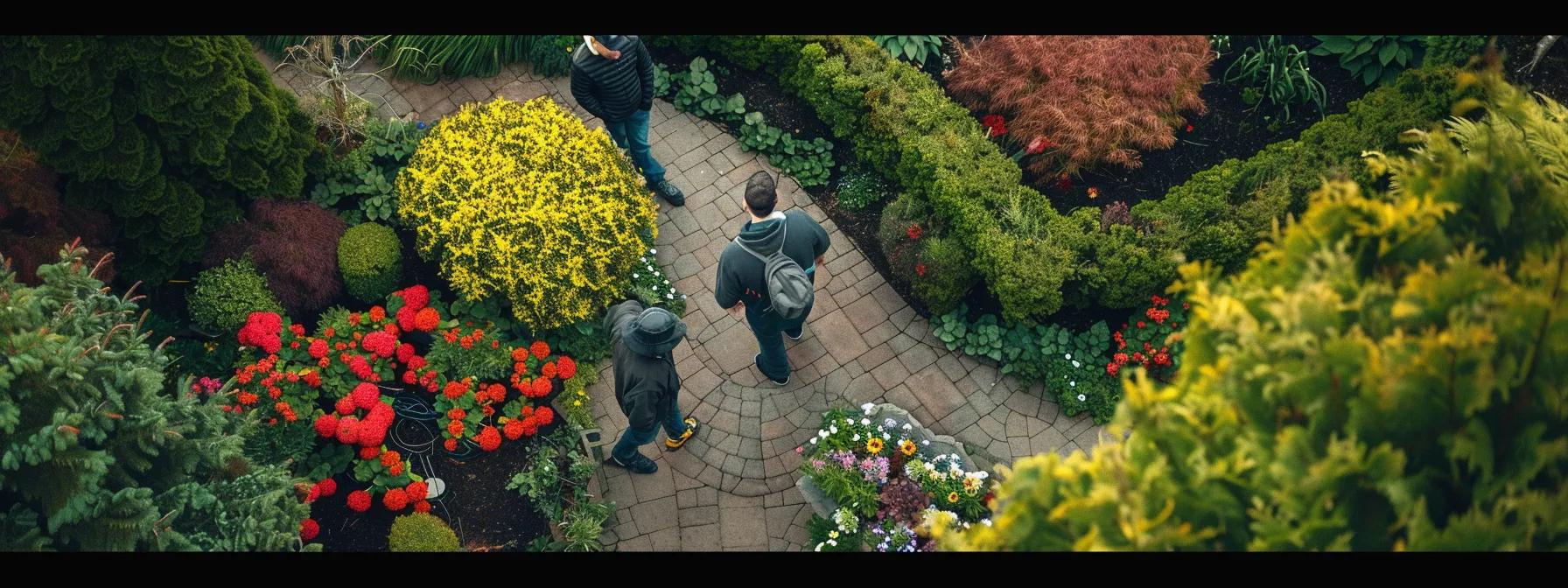 a professional garden maintenance team evaluates a well-kept yard, surrounded by vibrant flower beds and neatly trimmed hedges, showcasing their expertise and commitment to quality service in a clean, organized urban garden setting. a professional garden maintenance team evaluates a well-kept yard, surrounded by vibrant flower beds and neatly trimmed hedges, showcasing their expertise and commitment to quality service in a clean, organized urban garden setting.