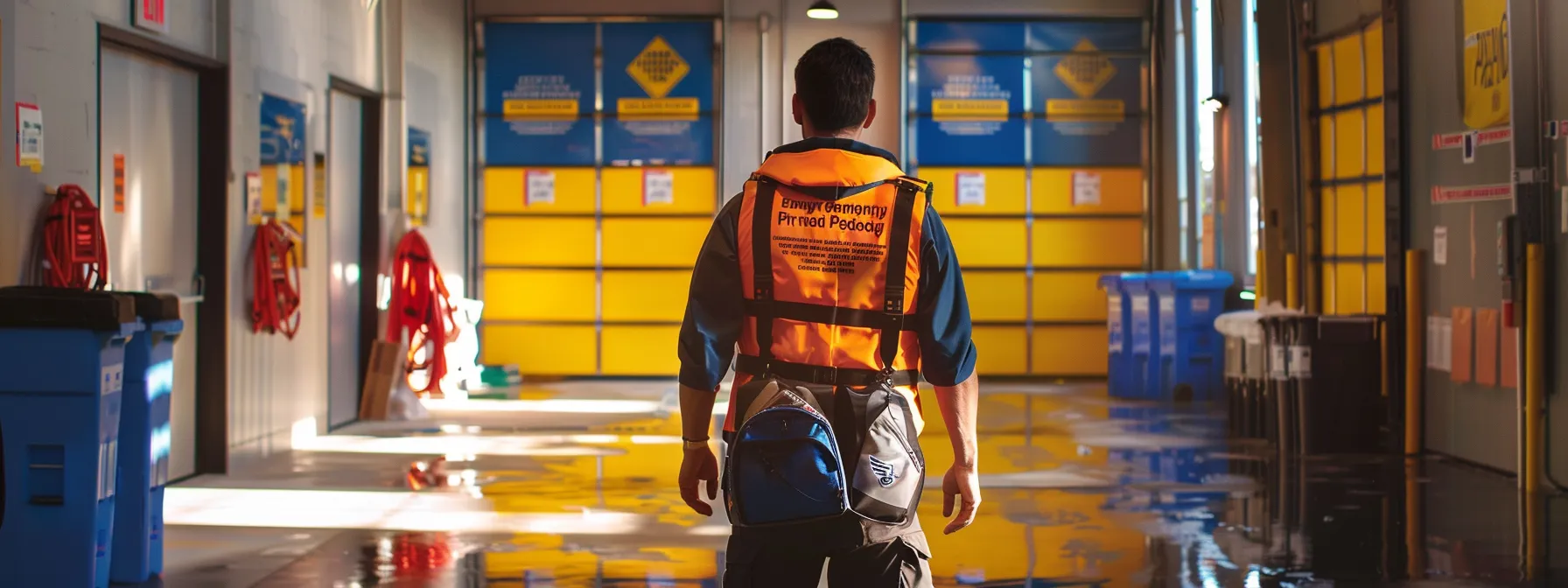 a professional guide, clad in a bright safety vest, confidently demonstrates swift water rescue techniques in a well-equipped indoor training facility, surrounded by certification posters and safety equipment, highlighting the importance of expert training and safety during expeditions.