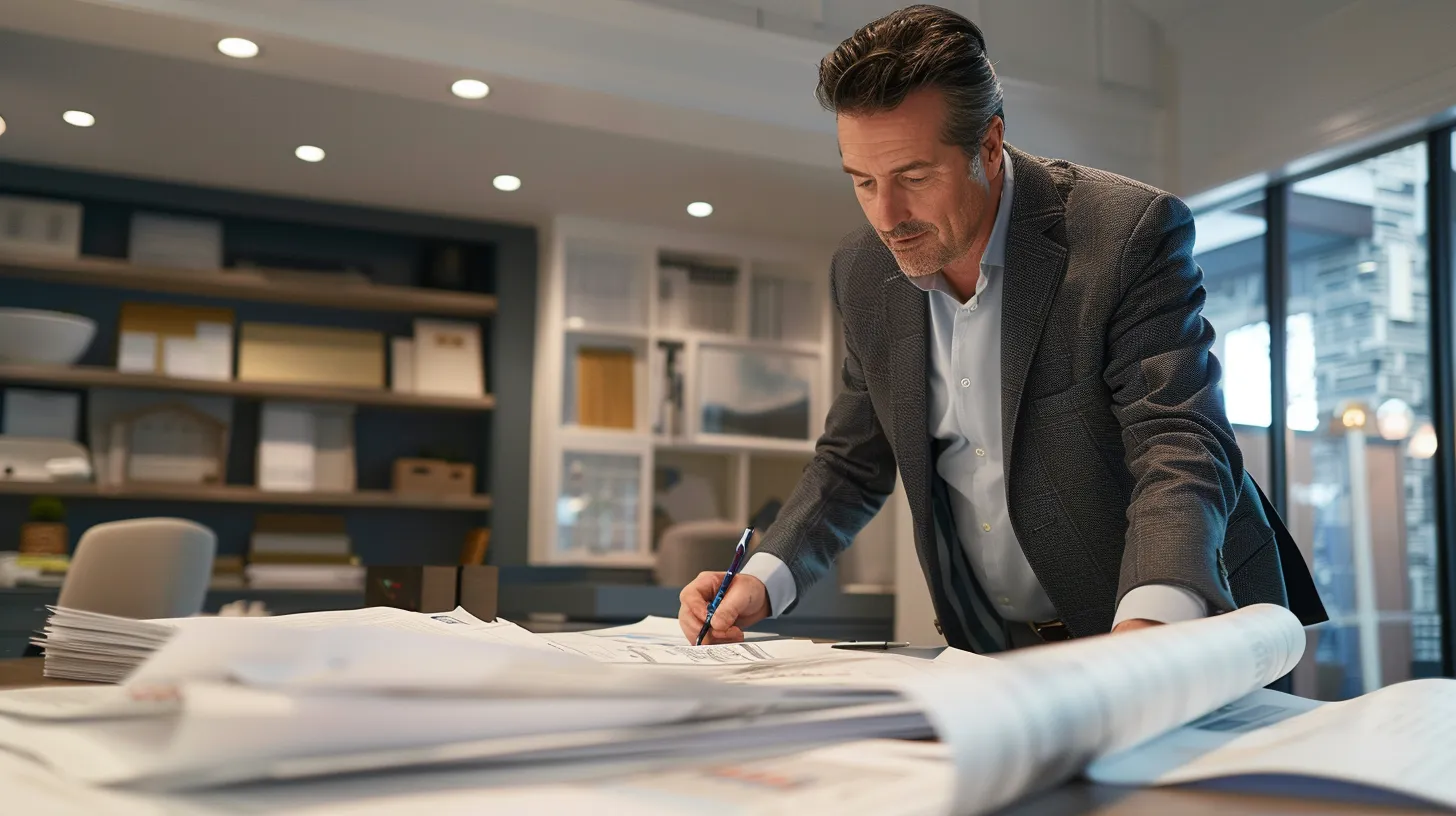 A professional home building consultant reviews architectural plans at a desk, highlighting their critical role in planning, coordination, and project oversight. A professional home building consultant reviews architectural plans at a desk, highlighting their critical role in planning, coordination, and project oversight.