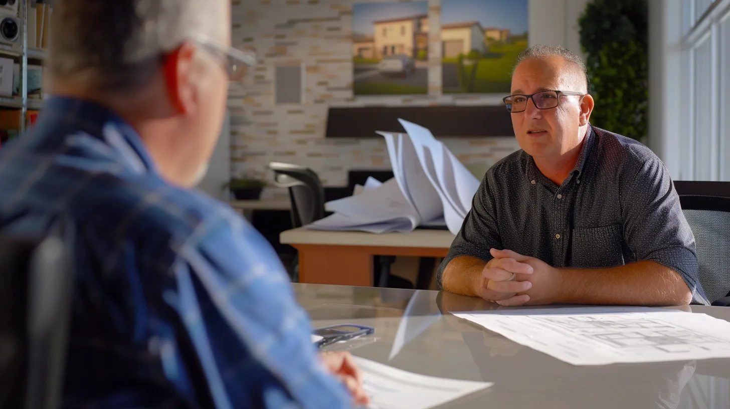 a professional home construction consultant confidently engages with a client in a sleek office setting, showcasing blueprints and budget reports on a polished conference table, with a backdrop of architectural models and project documentation illuminating their expertise in conflict resolution and cost management. a professional home construction consultant confidently engages with a client in a sleek office setting, showcasing blueprints and budget reports on a polished conference table, with a backdrop of architectural models and project documentation illuminating their expertise in conflict resolution and cost management.