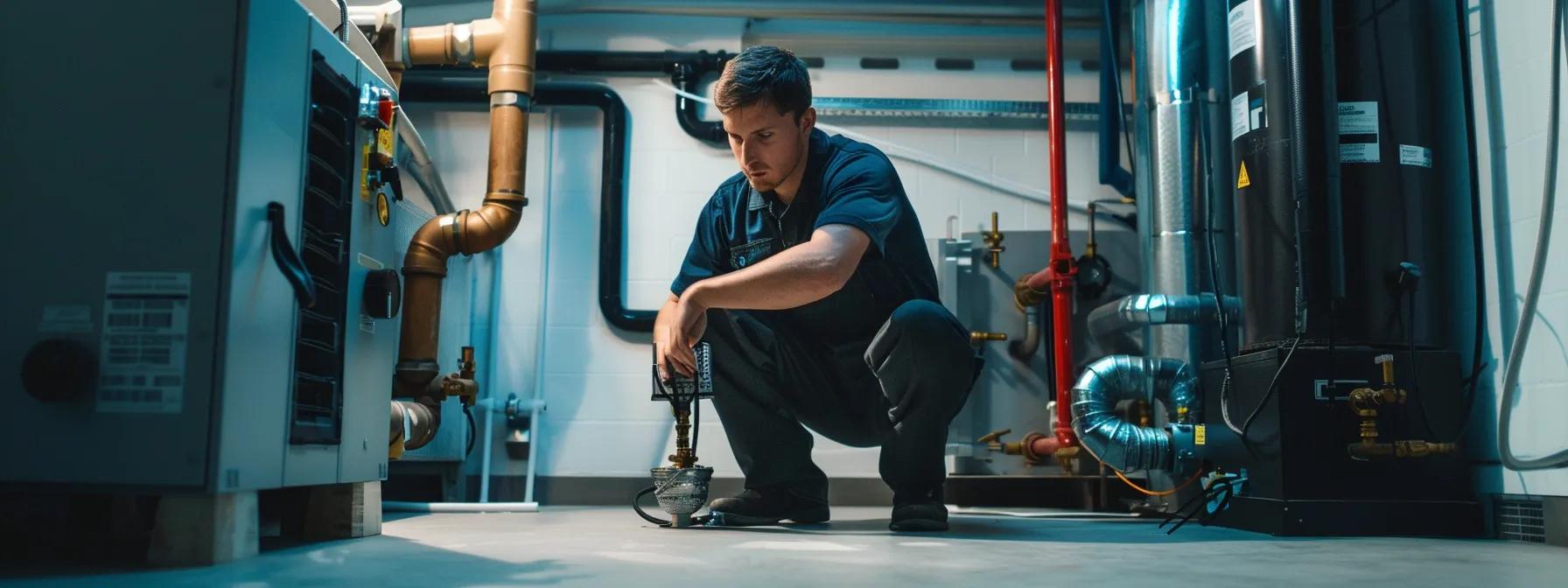 a professional hvac technician inspects a sleek, modern drain line system in a well-lit utility room, equipped with essential tools like a wet/dry vacuum, emphasizing the importance of preventative maintenance to avert costly water damage. a professional hvac technician inspects a sleek, modern drain line system in a well-lit utility room, equipped with essential tools like a wet/dry vacuum, emphasizing the importance of preventative maintenance to avert costly water damage.