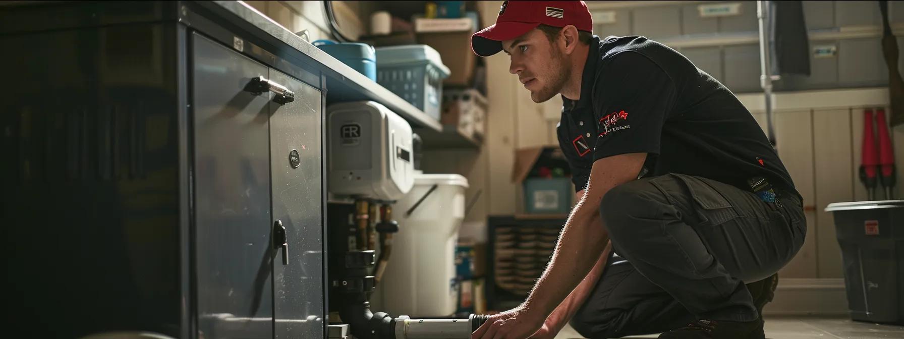 a professional hvac technician inspects a clear, transparent condensate drain line in a modern, well-lit utility room in a maryland home, emphasizing the importance of maintenance in a humid climate to prevent water damage.
