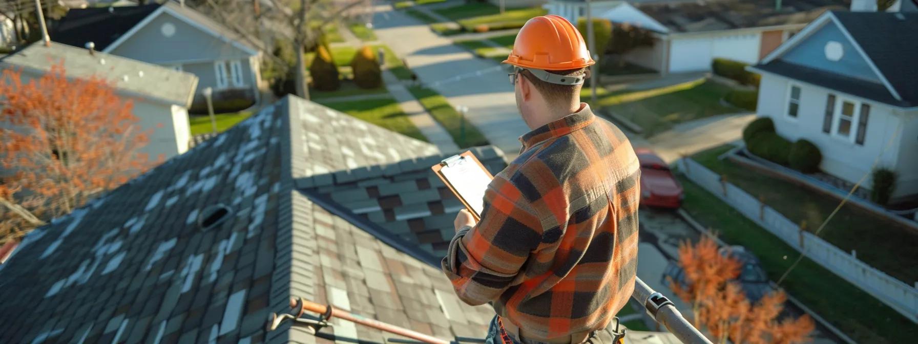 a professional inspector examines a residential roof from a sturdy ladder, equipped with tools and a clipboard, showcasing a clear view of hidden damage and potential leaks against the backdrop of a suburban neighborhood. a professional inspector examines a residential roof from a sturdy ladder, equipped with tools and a clipboard, showcasing a clear view of hidden damage and potential leaks against the backdrop of a suburban neighborhood.
