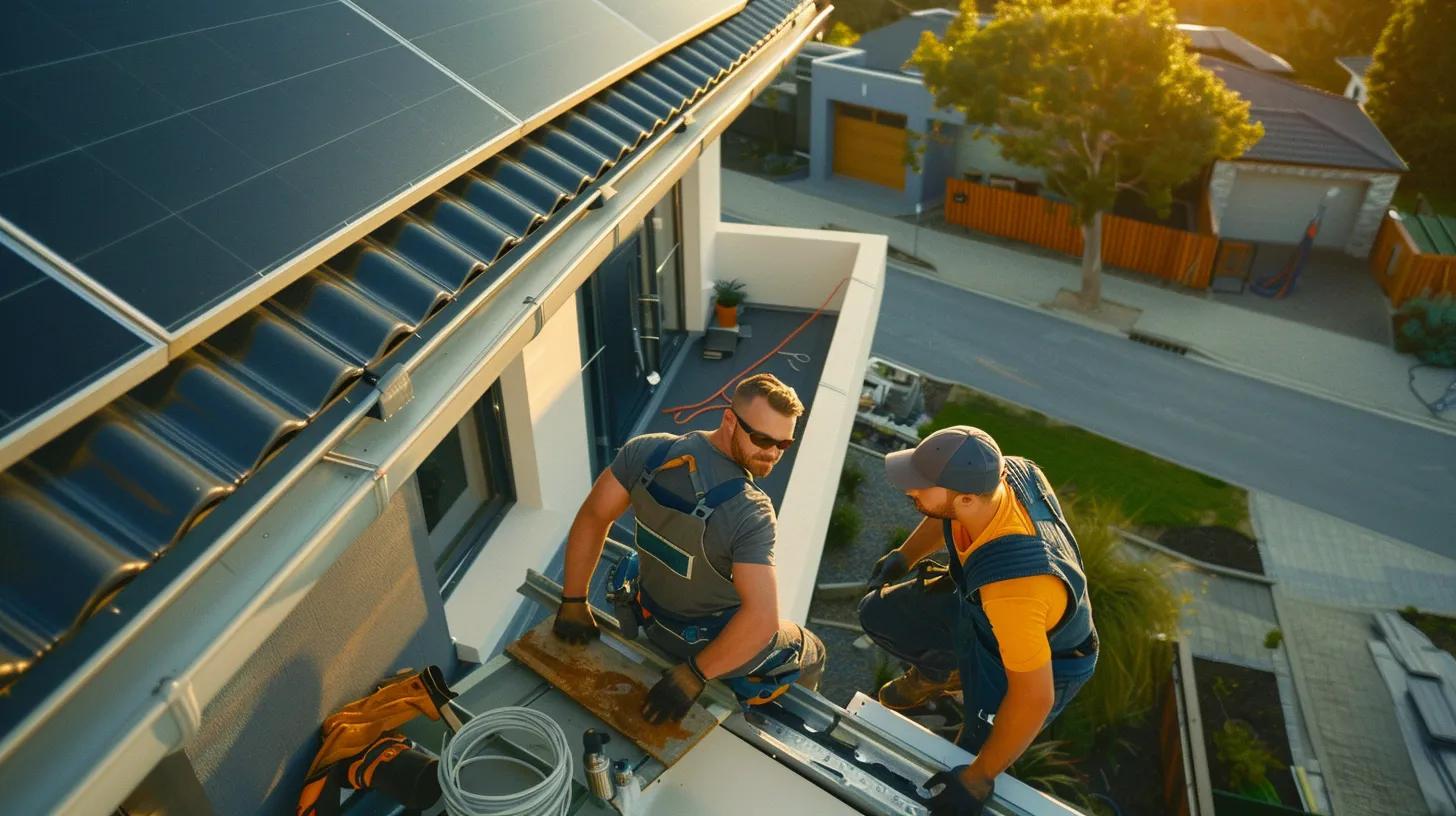 a professional installation crew meticulously fitting durable seamless gutters onto a modern suburban home, highlighting various gutter materials and tools in a refined, well-lit urban environment.