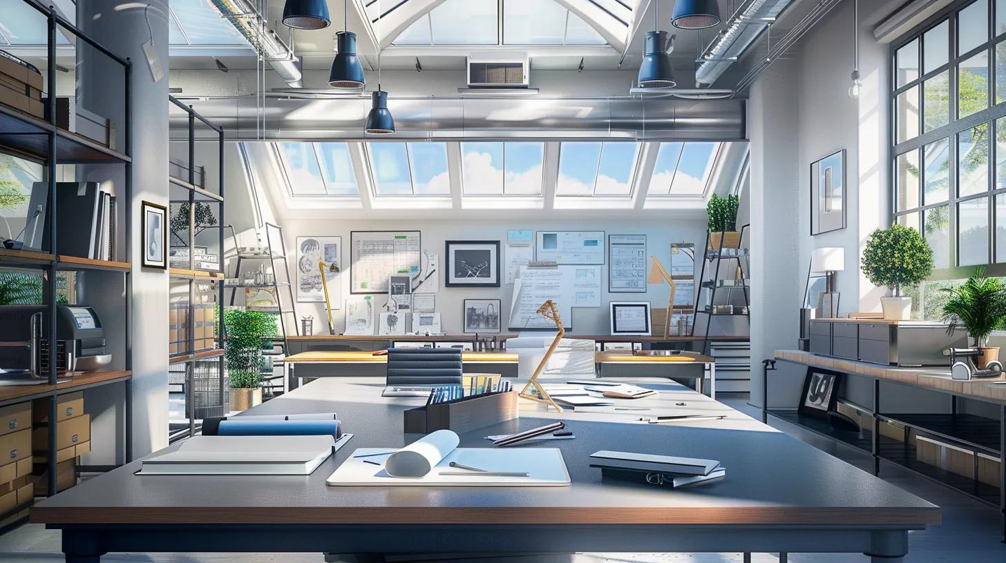 a professional interior scene showcases a modern office workspace with a large skylight above, highlighting various skylight materials and design options neatly displayed on a sleek conference table, surrounded by blueprints and tools, emphasizing the intricate factors influencing skylight replacement costs.