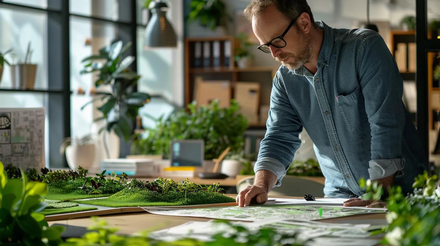 a professional landscape architect reviews a detailed blueprint of a lawn, surrounded by samples of different grass varieties in a modern office filled with turf management books and indoor plant decor. a professional landscape architect reviews a detailed blueprint of a lawn, surrounded by samples of different grass varieties in a modern office filled with turf management books and indoor plant decor.