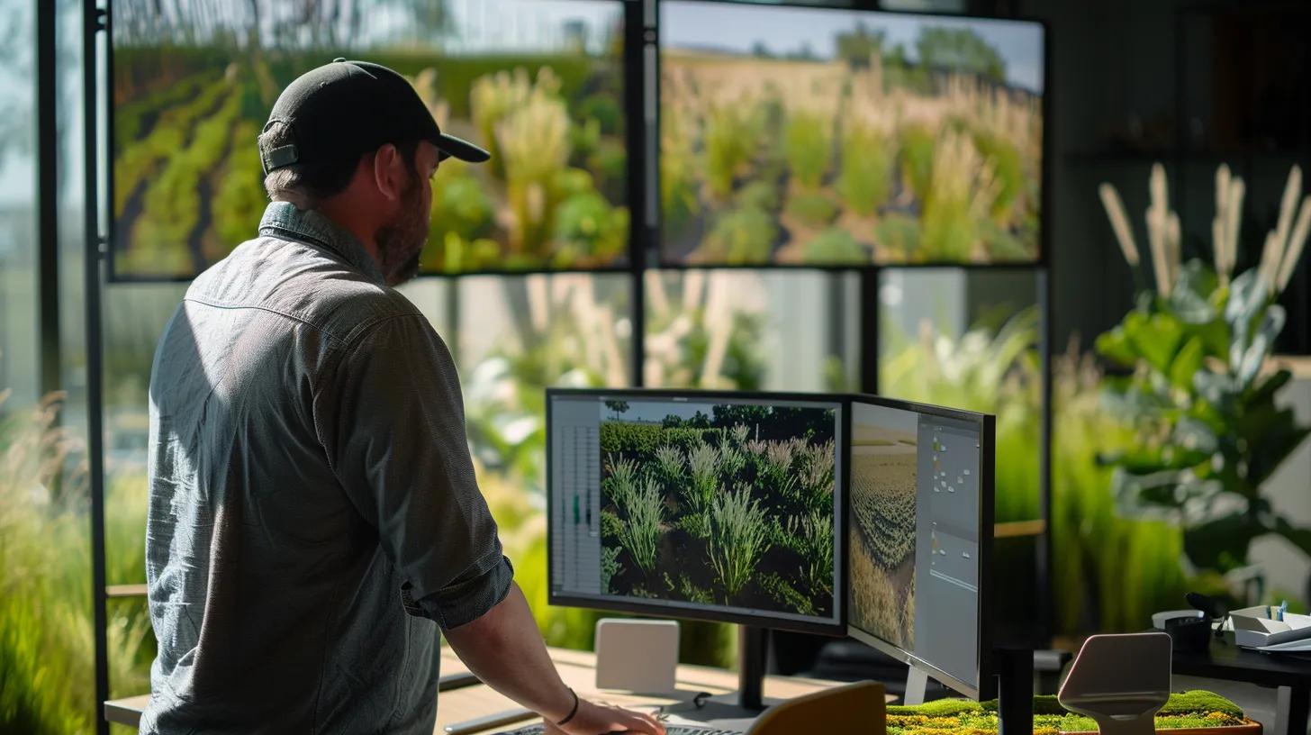 a professional landscape designer conducts a detailed lawn assessment in a modern office environment, utilizing advanced soil moisture sensors and electronic assessment tools to analyze various grass types and soil textures on a digital display. a professional landscape designer conducts a detailed lawn assessment in a modern office environment, utilizing advanced soil moisture sensors and electronic assessment tools to analyze various grass types and soil textures on a digital display.