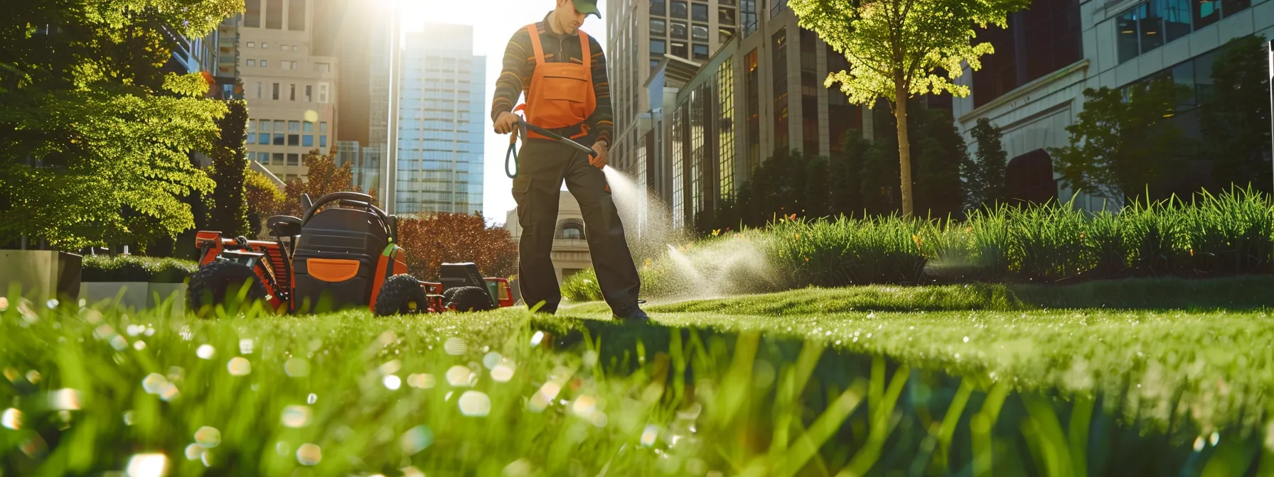 a professional landscape service technician in a vibrant urban setting meticulously applies fertilizer to a lush, well-maintained lawn, highlighted by sleek lawn care equipment and a clean, organized workspace in the background. a professional landscape service technician in a vibrant urban setting meticulously applies fertilizer to a lush, well-maintained lawn, highlighted by sleek lawn care equipment and a clean, organized workspace in the background.