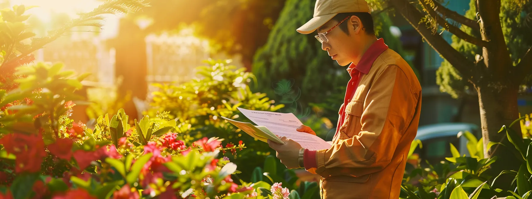 a professional landscaper attentively reviews a detailed service agreement surrounded by vibrant greenery and colorful flowers, illuminated by soft, natural sunlight. a professional landscaper attentively reviews a detailed service agreement surrounded by vibrant greenery and colorful flowers, illuminated by soft, natural sunlight.