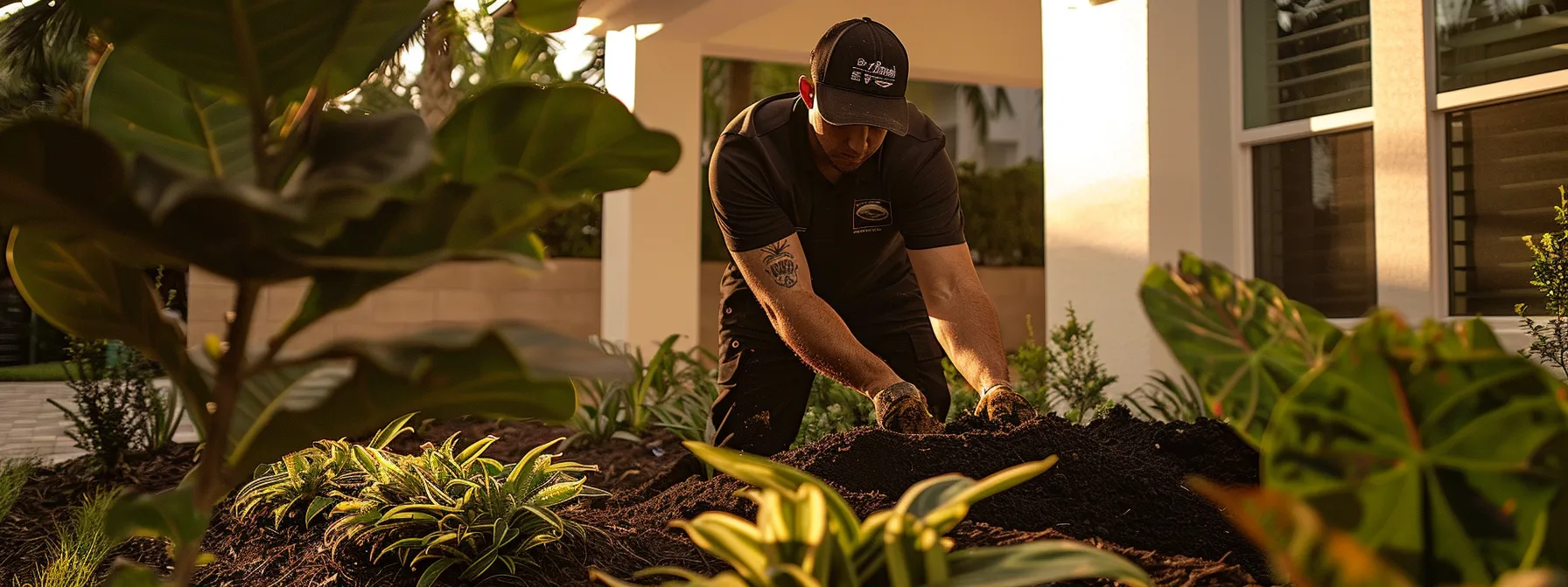 a professional landscaper efficiently spreads rich, dark mulch around newly pruned shrubs in a modern st. cloud florida backyard, showcasing the transformative impact of expert installation under bright, focused lighting. a professional landscaper efficiently spreads rich, dark mulch around newly pruned shrubs in a modern st. cloud florida backyard, showcasing the transformative impact of expert installation under bright, focused lighting.