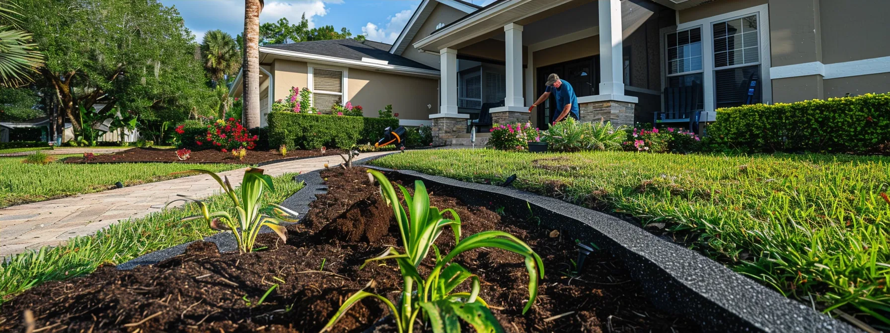 a professional landscaper is meticulously applying rich, dark mulch around newly installed sod and modern hardscaping features in a stylish st. cloud, florida residential yard, showcasing the transformation and enhanced appearance of the outdoor space. a professional landscaper is meticulously applying rich, dark mulch around newly installed sod and modern hardscaping features in a stylish st. cloud, florida residential yard, showcasing the transformation and enhanced appearance of the outdoor space.