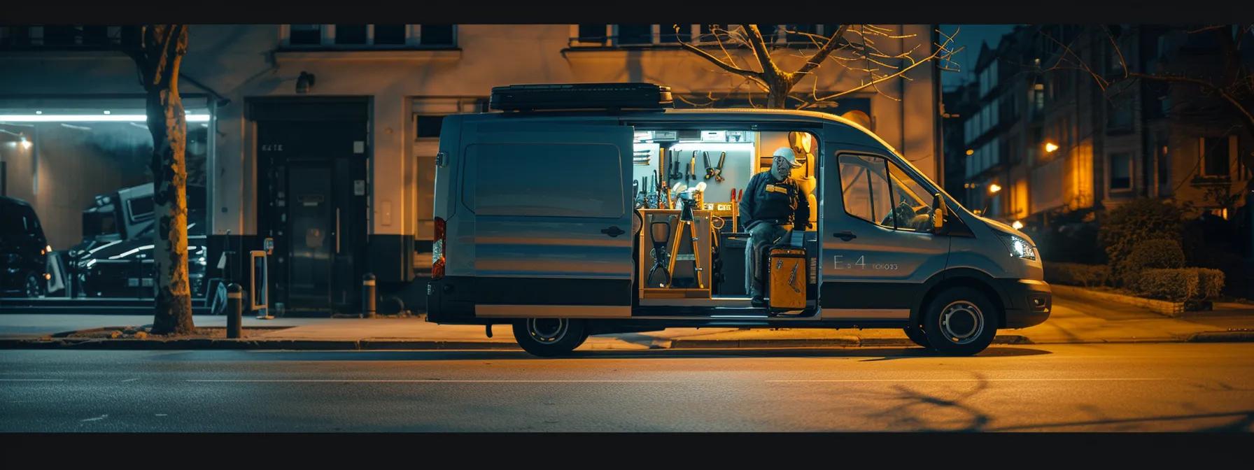 a professional locksmith in a sleek, urban setting swiftly responds to an emergency call, showcasing a modern van adorned with tools ready to assist in a nighttime lockout situation.