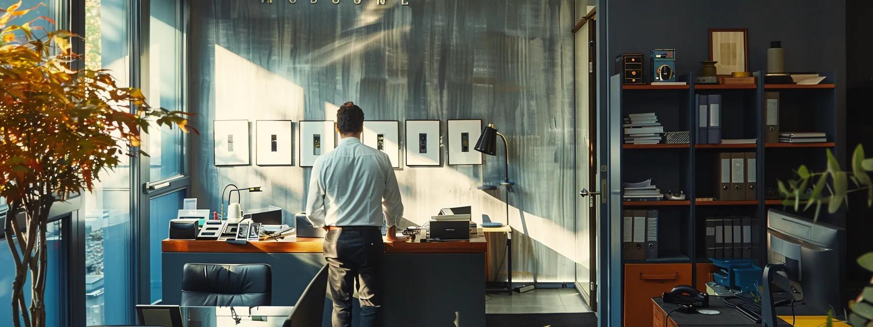 a professional locksmith in a sleek, modern office examines a high-security lock, surrounded by certification plaques and tools, emphasizing trust and expertise in providing secure solutions for customers.