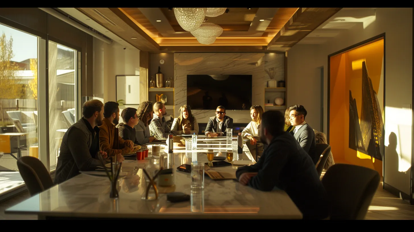 a professional meeting room showcases a diverse group of homeowners engaged in a focused discussion with a knowledgeable demolition contractor, emphasizing the importance of selecting the right service for residential demolition in a modern urban office setting.