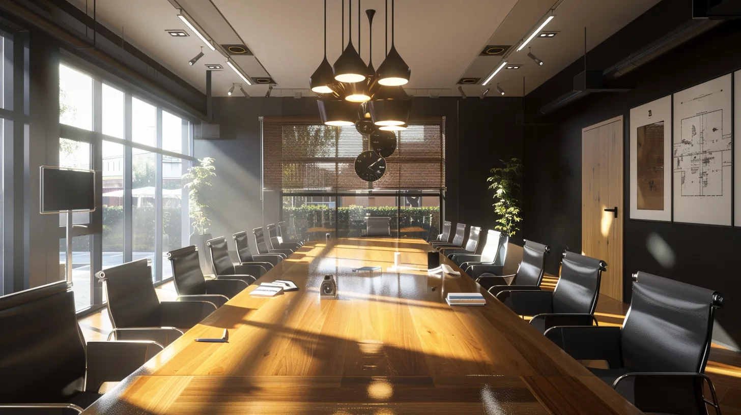 a professional meeting room bathed in natural light, showcasing a glossy wooden table surrounded by modern chairs, where a diverse group of individuals engages in a focused discussion about renovation project requirements, with architectural plans and digital devices prominently displayed. a professional meeting room bathed in natural light, showcasing a glossy wooden table surrounded by modern chairs, where a diverse group of individuals engages in a focused discussion about renovation project requirements, with architectural plans and digital devices prominently displayed.