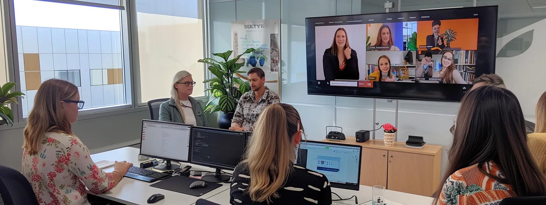 a professional mental health content marketing team collaborates in a modern office setting, surrounded by vibrant visuals of trust-building strategies, conveying a sense of authenticity and credibility in their approach to mental health communication.