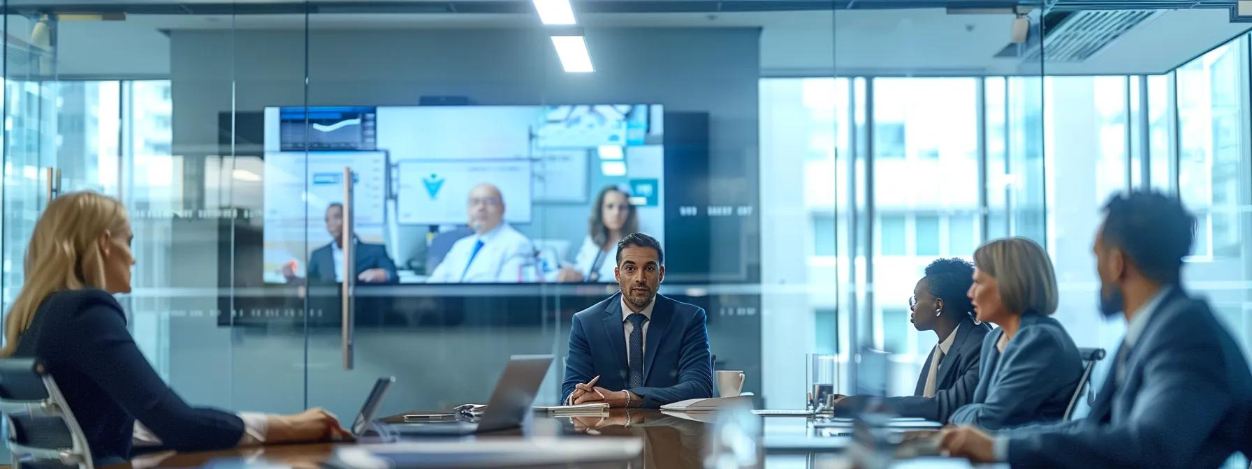 a professional, modern office setting features a diverse group of health care advisors reviewing charts and discussing medicare advantage plans, emphasizing collaboration and informed decision-making in a sleek conference room illuminated by bright overhead lighting.