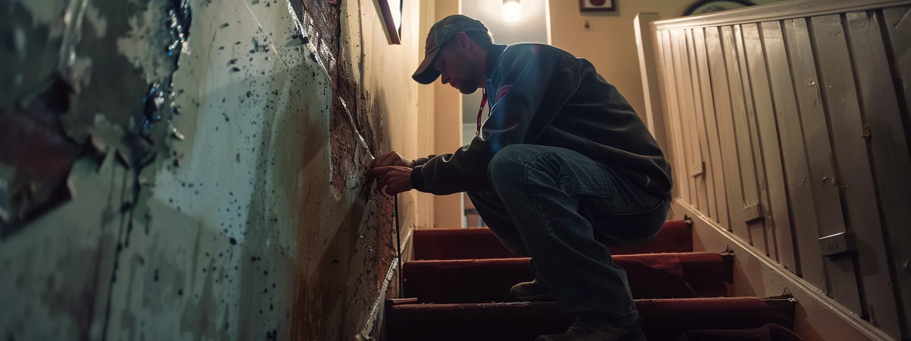 a professional mold inspector examines a damp wall in a well-lit fort mill home, using specialized tools to reveal hidden mold, capturing the essence of thorough mold inspection and restoration.
