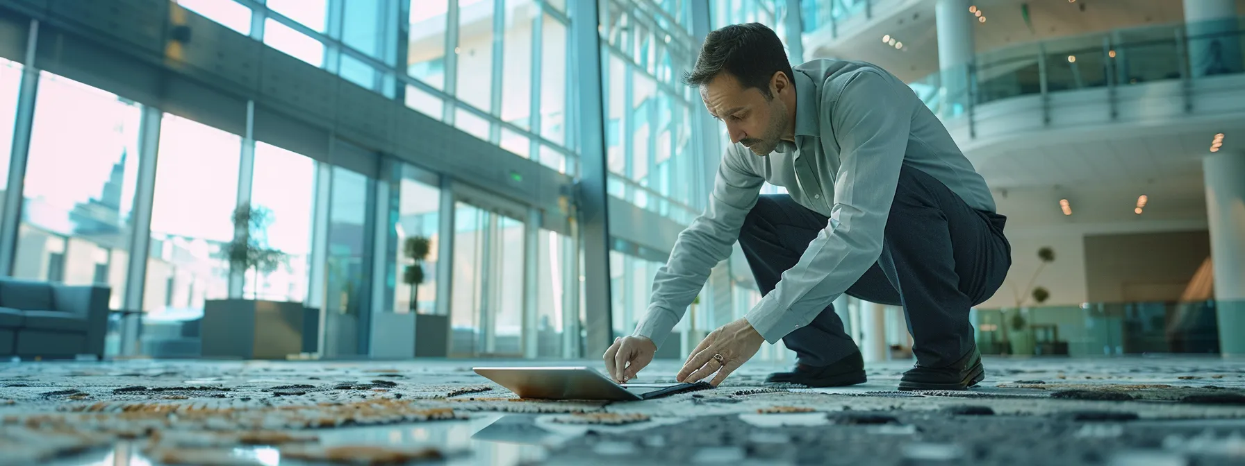 a professional mold inspector meticulously examines a commercial carpet inside a modern office, utilizing advanced air quality assessment tools and documentation, while a dynamic digital report is displayed on a sleek tablet in the foreground. a professional mold inspector meticulously examines a commercial carpet inside a modern office, utilizing advanced air quality assessment tools and documentation, while a dynamic digital report is displayed on a sleek tablet in the foreground.