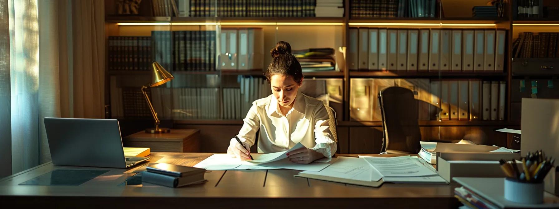 a professional notary public sitting at a sleek, modern desk in a well-lit office, reviewing documents with a focused expression, surrounded by organized legal books and a laptop, conveying a sense of reliability and professionalism. a professional notary public sitting at a sleek, modern desk in a well-lit office, reviewing documents with a focused expression, surrounded by organized legal books and a laptop, conveying a sense of reliability and professionalism.