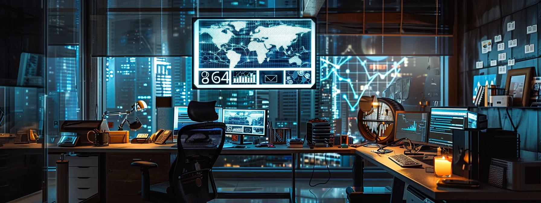a professional office environment showcases a sleek computer screen displaying analytical graphs and social media icons, symbolising the development of off-page authority and online presence through digital marketing strategies.