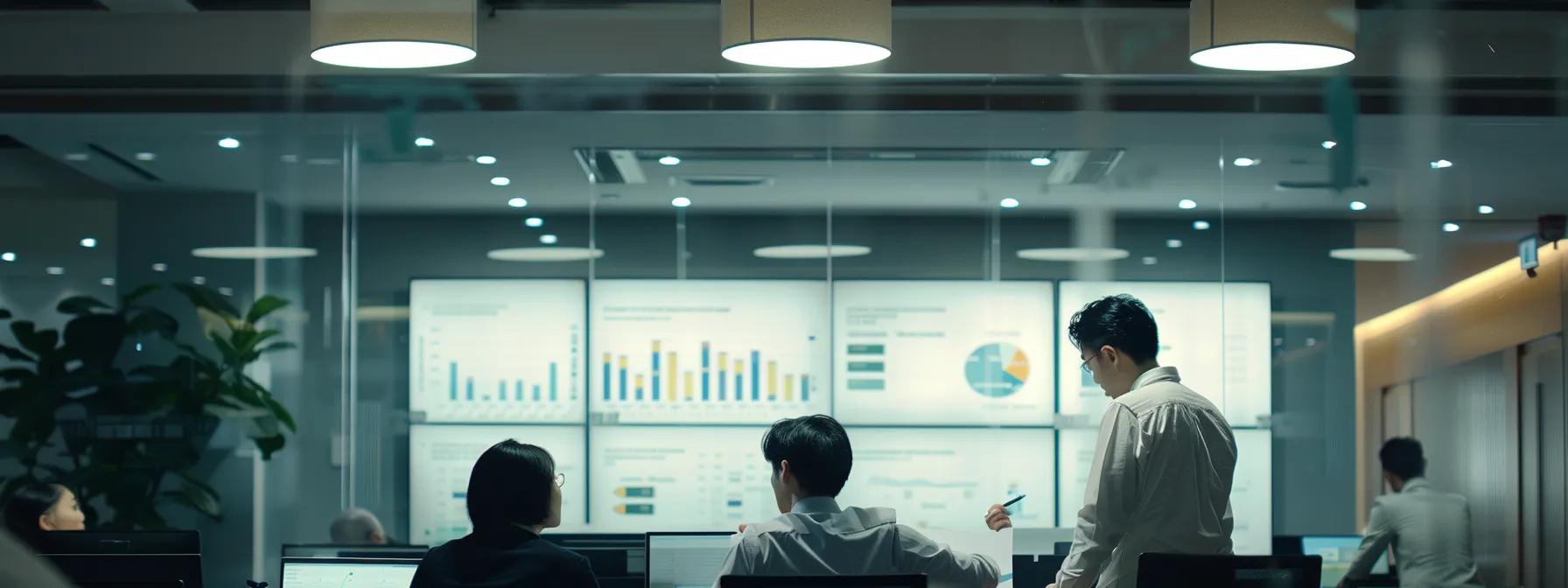 a professional office environment features a digital analytics dashboard displaying user interaction metrics, with a business consultant engaging in a discussion about optimizing google business profiles, illuminated by modern overhead lighting for a clear, focused atmosphere. a professional office environment features a digital analytics dashboard displaying user interaction metrics, with a business consultant engaging in a discussion about optimizing google business profiles, illuminated by modern overhead lighting for a clear, focused atmosphere.