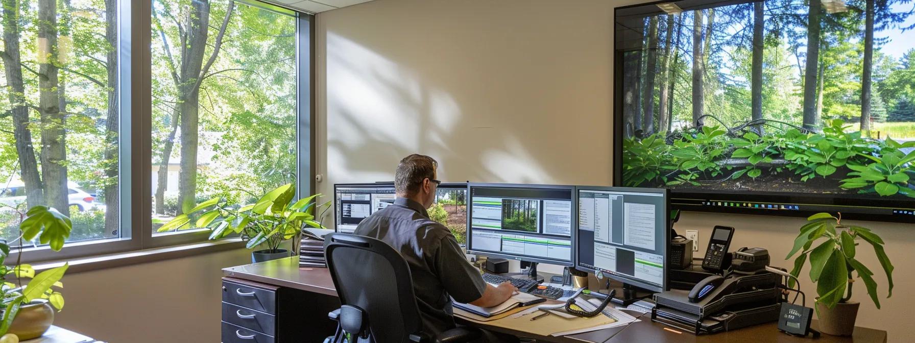 a professional office environment showcases a certified arborist consulting with a homeowner over a detailed tree care plan, surrounded by vivid before-and-after images of tree trimming projects and safety equipment neatly arranged in the background.