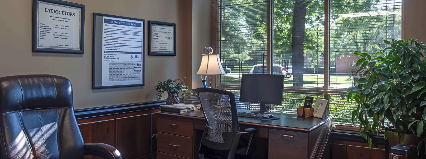 a professional office environment features an organized desk with a laptop displaying digital insurance forms, while a framed photo of a well-maintained roof hangs in the background, symbolizing the streamlining of insurance claim processes through routine inspections. a professional office environment features an organized desk with a laptop displaying digital insurance forms, while a framed photo of a well-maintained roof hangs in the background, symbolizing the streamlining of insurance claim processes through routine inspections.