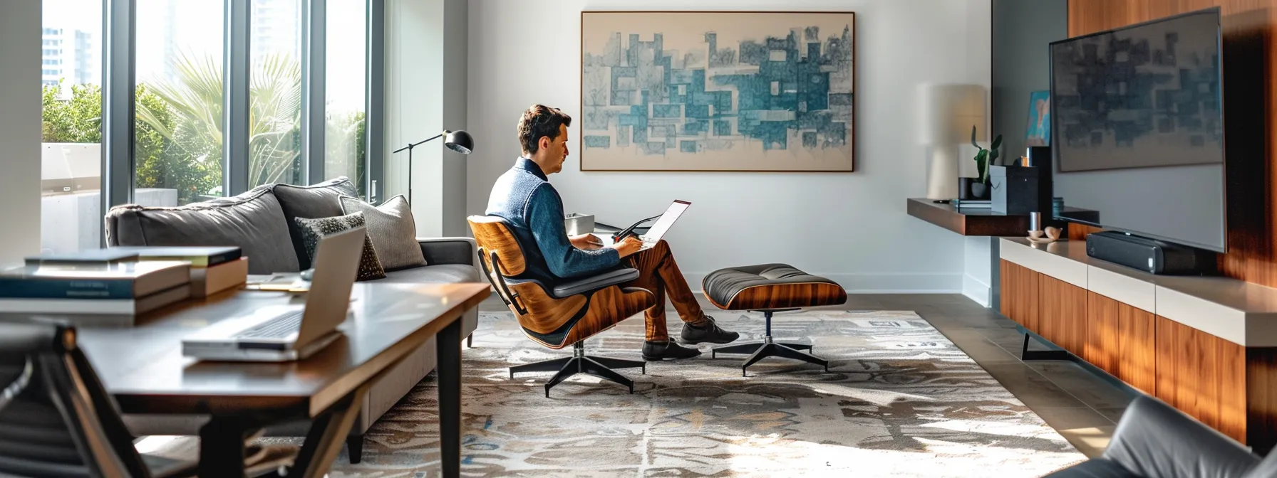 A-a-professional-office-interi-96b5b0cb-afa34522-2648-4d14-92c4-30fc110999e0 a professional office interior is depicted, showcasing a thoughtful homeowner seated at a sleek desk, surrounded by documents and a laptop, intently reviewing essential information about hvac financing options in a contemporary, well-lit space.