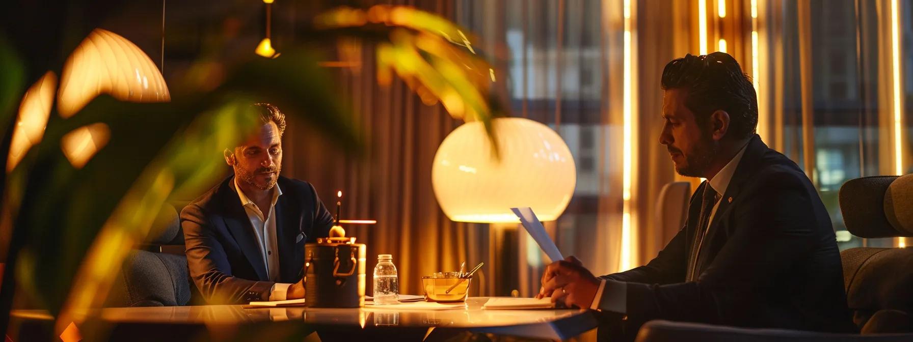 a professional office scene featuring a well-dressed consultant engaging in a focused discussion with a client over a detailed document about living trusts, illuminated by warm, ambient lighting that highlights the modern furnishings.