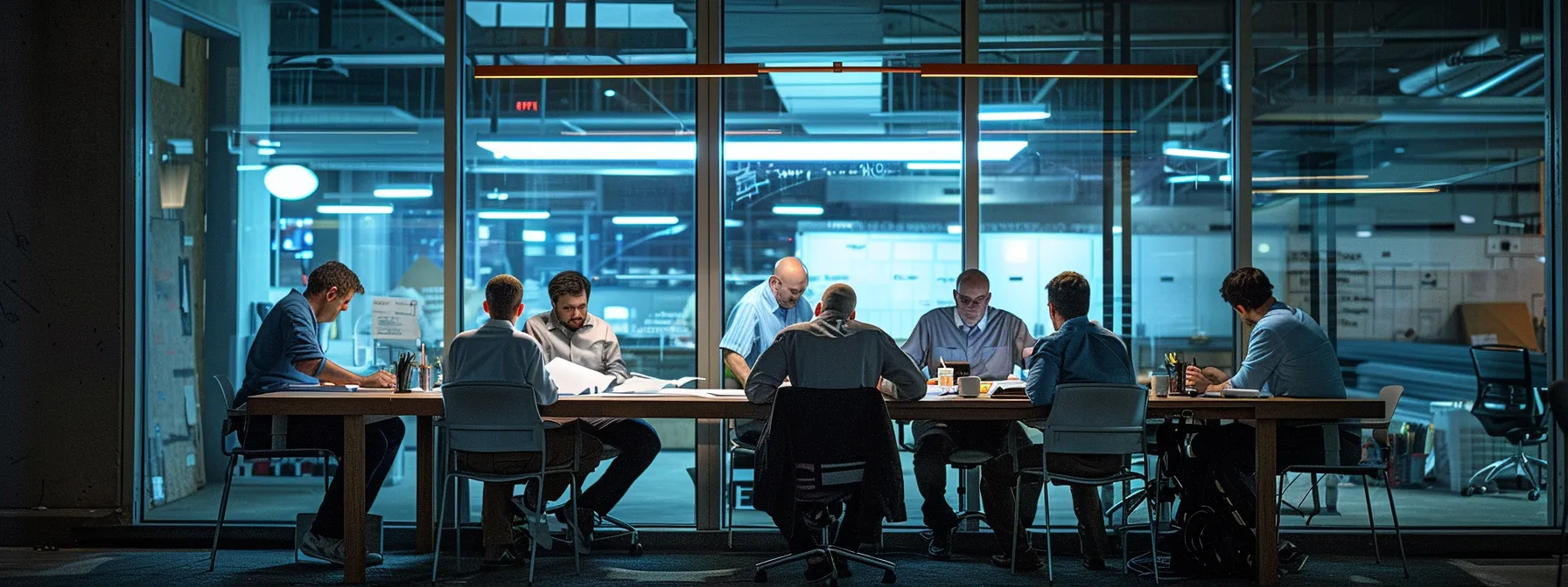 a professional office setting in pittsburgh depicts a focused team gathered around a large table, analyzing detailed blueprints and timelines for business operations during a commercial demolition, illuminated by bright overhead lights that enhance their concentration on minimizing disruptions.