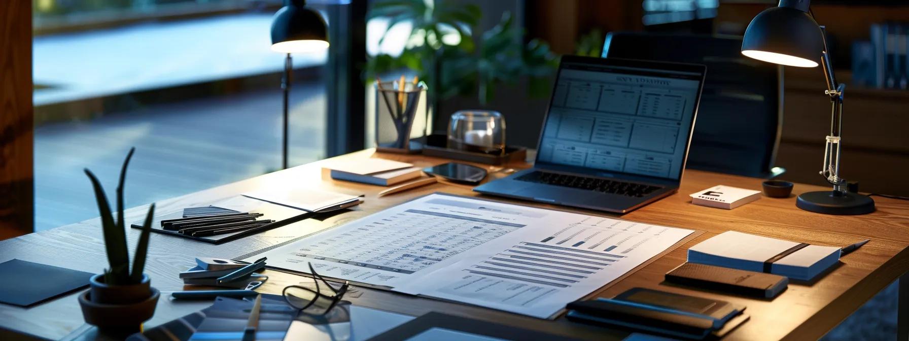 a professional office setting displays a detailed budgeting chart for a roof replacement project, complete with estimates, financing options, and energy-saving material choices clearly laid out on a sleek desk, illuminated by focused task lighting.