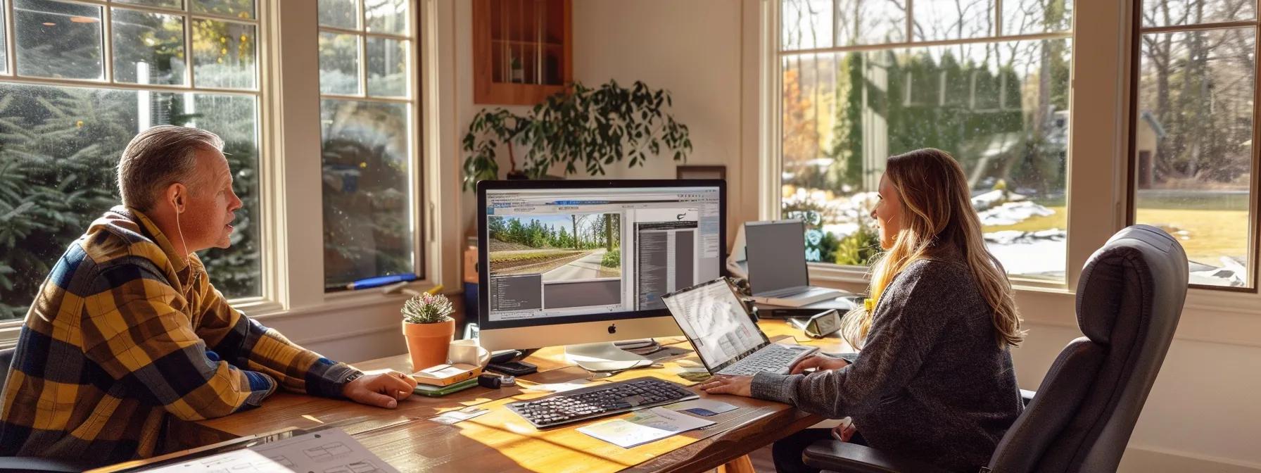 a professional office setting features a focused discussion between a homeowner and a tree removal expert, with a detailed estimate on the desk, emphasizing the importance of understanding costs during emergency tree removal.
