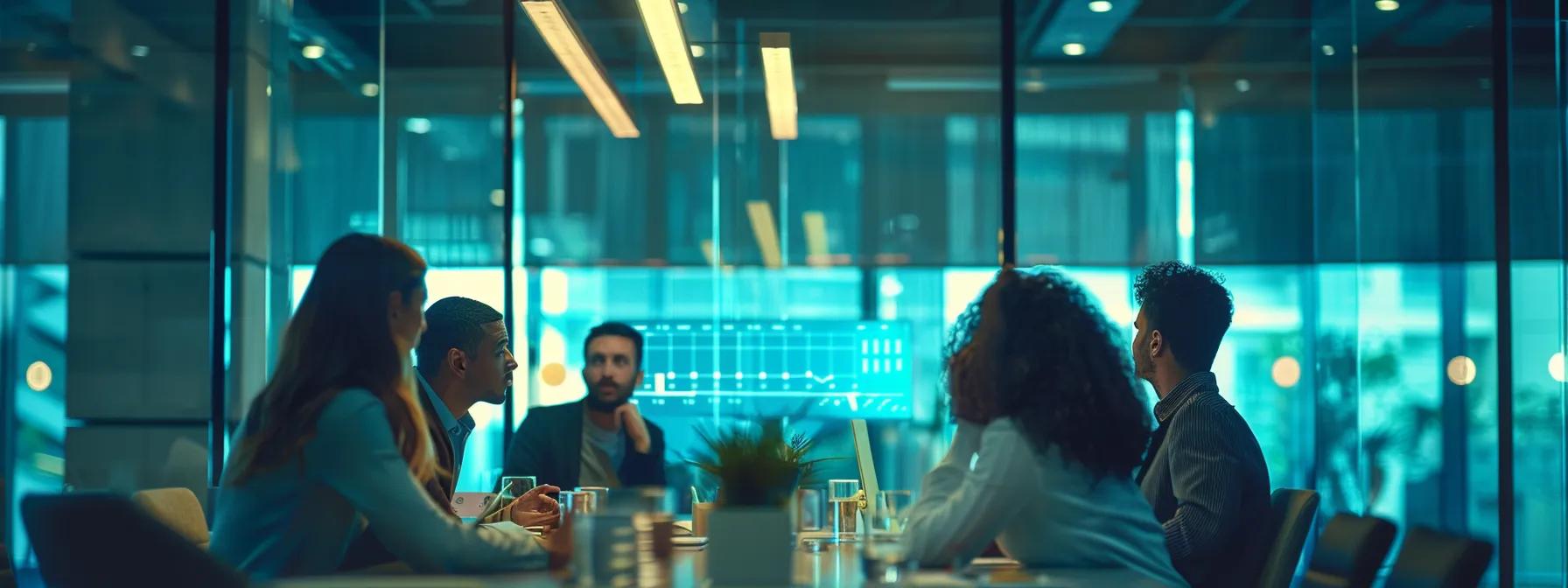 a professional office setting features a sleek conference room with diverse individuals engaged in an informative discussion about insurance policies, highlighted by a digital presentation comparing master and unit owner coverage under the fannie mae framework.