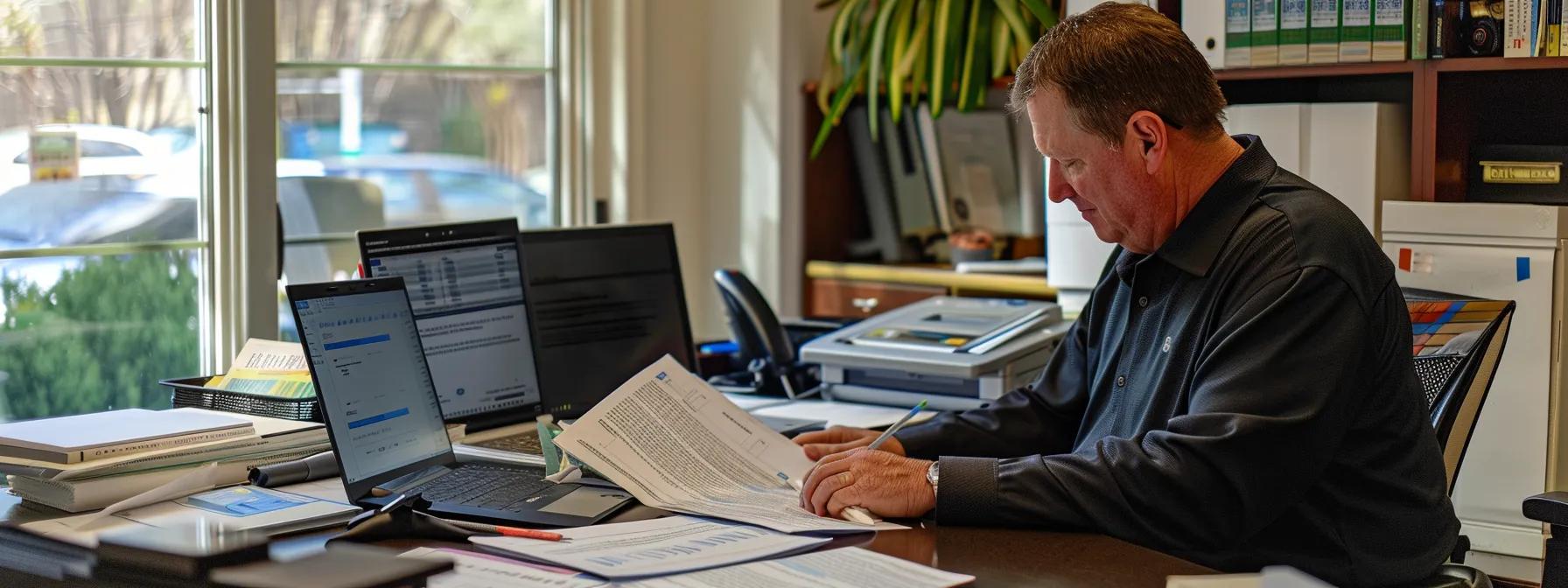 a professional office setting features a focused individual reviewing paperwork related to a roof installation warranty claim, surrounded by documents and a laptop, emphasizing the meticulous nature of managing warranty processes. a professional office setting features a focused individual reviewing paperwork related to a roof installation warranty claim, surrounded by documents and a laptop, emphasizing the meticulous nature of managing warranty processes.