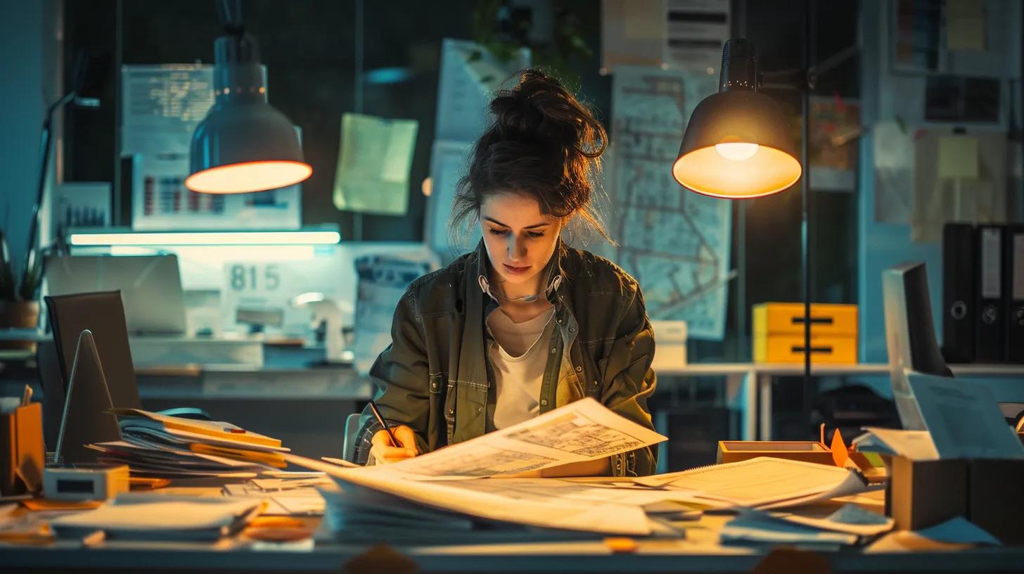 a professional office setting features a focused individual reviewing a stack of colorful building permit applications, illuminated by bright overhead lights and surrounded by architectural plans and city maps, conveying the organized chaos of navigating municipal regulations in knoxville. a professional office setting features a focused individual reviewing a stack of colorful building permit applications, illuminated by bright overhead lights and surrounded by architectural plans and city maps, conveying the organized chaos of navigating municipal regulations in knoxville.