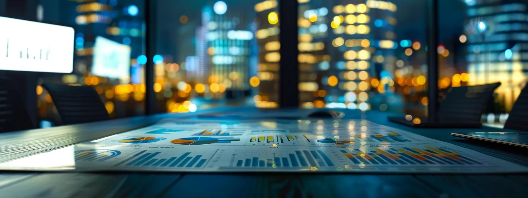 a professional office setting showcases a large table adorned with detailed charts and graphs, highlighting the stark financial contrasts between local and overseas sheet metal fabrication, illuminated by bright, focused overhead lighting for clarity.