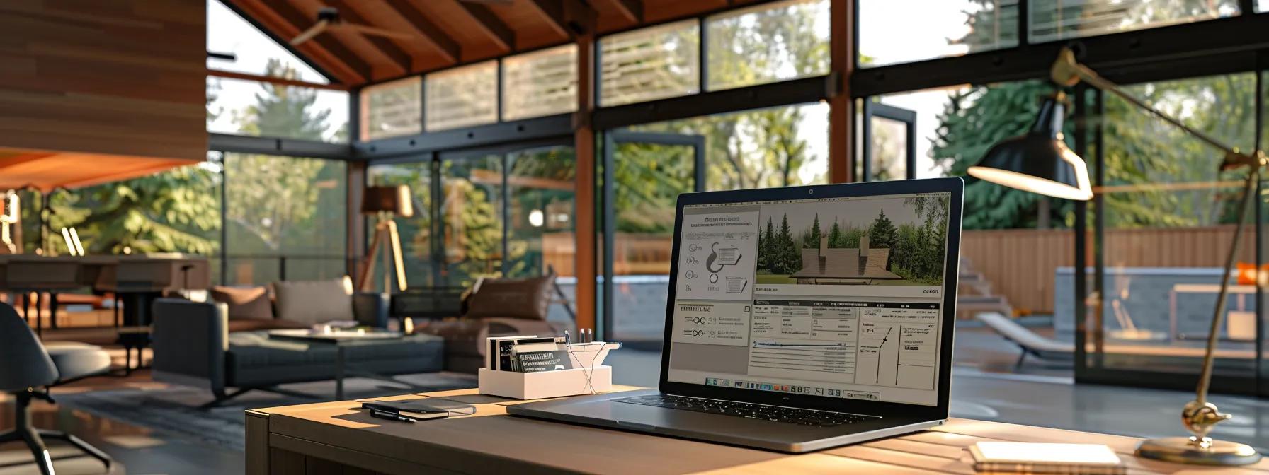 a professional office setting showcases a detailed comparison table of roof replacement cost estimates displayed on a modern laptop, with diagrams of roofing materials and a contractor discussing options in the background under warm, focused lighting.