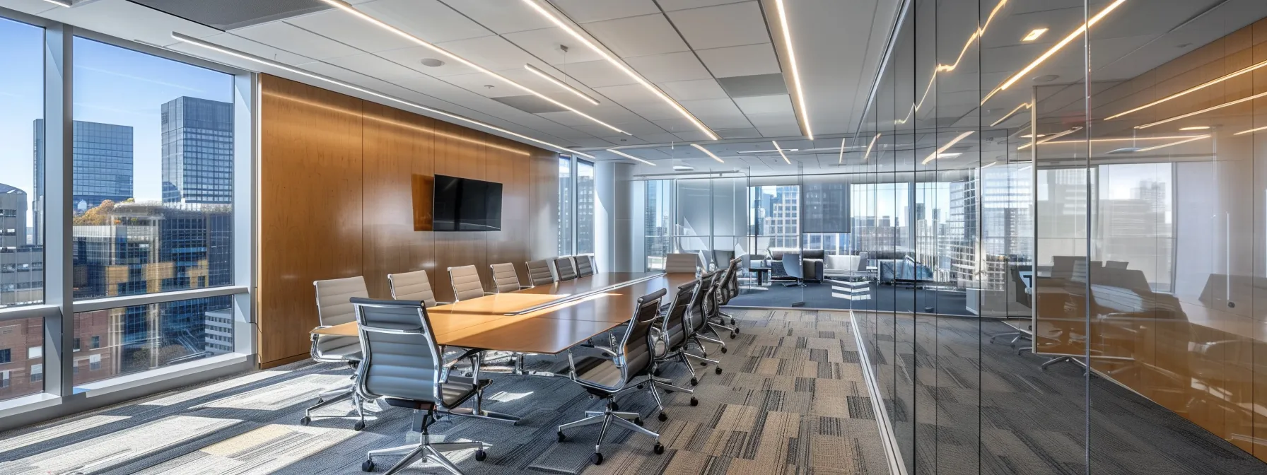 a professional office space featuring a large glass wall with a team of diverse business professionals engaged in a transparent conversation around a high-tech conference table, illuminated by natural light streaming through the windows, symbolizing effective communication and collaboration in lead generation.