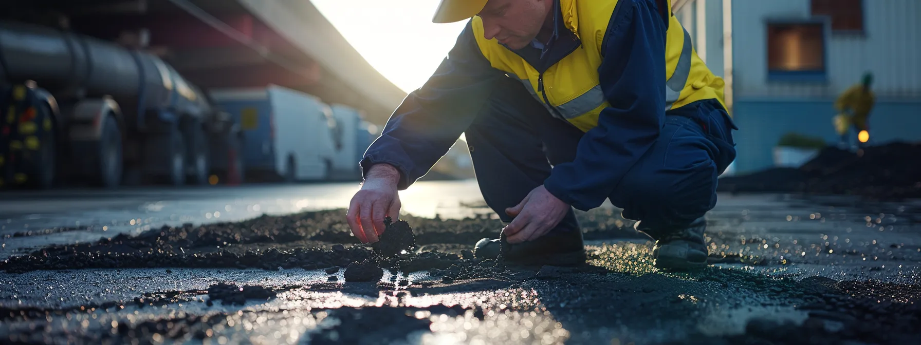a professional pavement maintenance technician inspects a weathered asphalt surface in a well-lit urban setting, highlighting signs of wear while holding a sealcoating sample, emphasizing the importance of timely maintenance.