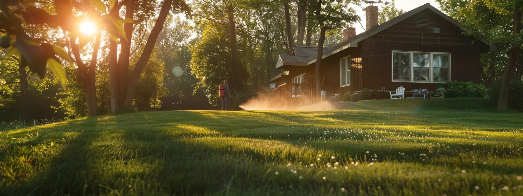 a professional pest control technician sprays an environmentally friendly treatment in a well-maintained suburban backyard, showcasing a modern home and neatly trimmed lawns, exemplifying the commitment to mosquito and pest reduction for a comfortable summer.